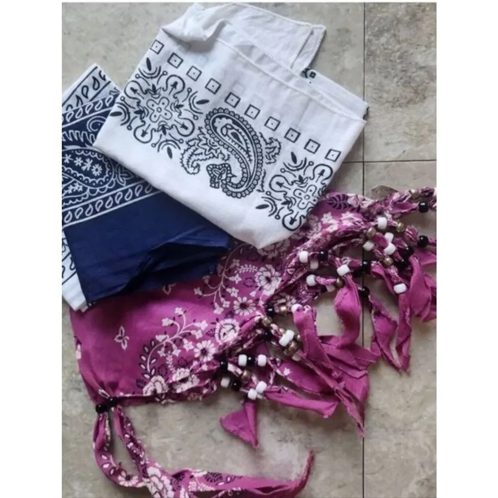 11 Set of Paisley Bandanas w Beaded scarf w Tassel Accent - White Navy Fuchsia